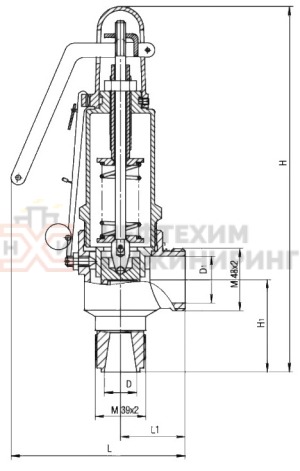 Клапан предохранительный пружинный сальниковый штуцерно-торцевой с приспособлением для принудительного открытия 17б5бк Ду 25/40 Ру 16/6 кгс/см² УХЛ4, корпус латунь, класс герметичности «В» по ГОСТ 9544-2015