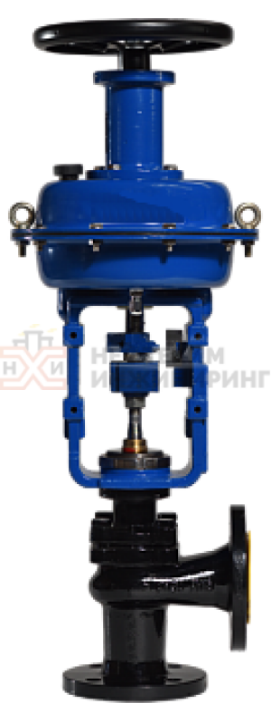 Клапан регулирующий односедельный угловой "после себя" нормально открытый фланцевый 26ч41нж Ду 32 Ру 16 кгс/см² У3 с МИМ, корпус чугун