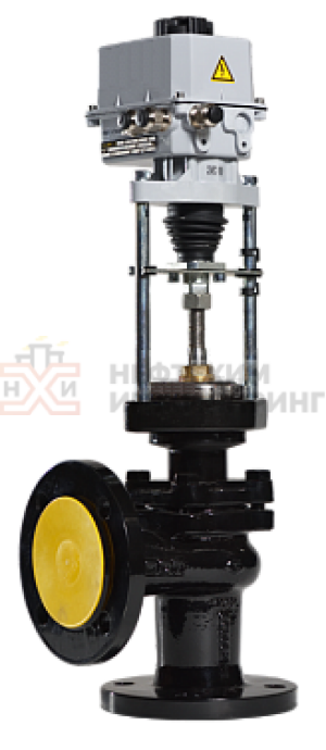 Клапан регулирующий односедельный угловой фланцевый 26ч945нж Ду 125 Ру 16 кгс/см² У3 с ЭИМ, корпус чугун