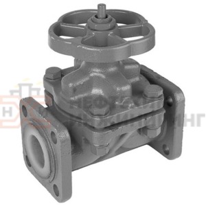 Клапан запорный мембранный футерованный полиэтиленом фланцевый ручной 15ч74п1м Ду 6 Ру 16 кгс/см² У3, корпус чугун, класс герметичности «С» по ГОСТ 9544-2015