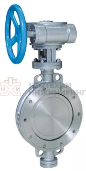 Затвор дисковый поворотный с тройным эксцентриситетом межфланцевый с гладкими проушинами двусторонний с редуктором ЗДП-ТЭ.МФГП.ДС.РД.НХИ.350.100.05.02.02.ХЛ1 Ду 350 Ру 100 кгс/см²