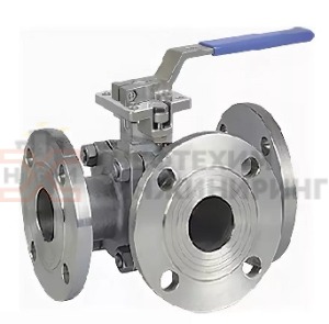 Кран шаровой разборный трехходовой неполнопроходной фланцевый ручной КШ-Р.ТХ.НП.Ф.Р.НХИ.020/015.040.04.УХЛ1 Ду 20/15 Ру 40 кгс/см², корпус ст. 10Х17Н13М2Т, класс герметичности «А» по ГОСТ 9544-2015