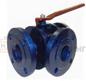 Кран шаровой разборный трехходовой полнопроходной фланцевый ручной КШ-Р.ТХ.ПП.Ф.Р.НХИ.100.016.02.ХЛ1 Ду 100 Ру 16 кгс/см², корпус ст. 09Г2С, класс герметичности «А» по ГОСТ 9544-2015