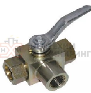 Кран шаровой разборный трехходовой неполнопроходной муфтовый ручной КШ-Р.ТХ.НП.М.Р.НХИ.065/050.025.03.УХЛ1 Ду 65/50 Ру 25 кгс/см², корпус ст. 12Х18Н10Т, класс герметичности «А» по ГОСТ 9544-2015