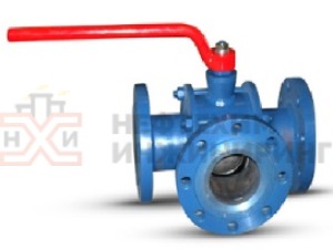 Кран шаровой разборный трехходовой неполнопроходной фланцевый ручной КШ-Р.ТХ.НП.Ф.Р.НХИ.065/050.100.01.У Ду 65/50 Ру 100 кгс/см², корпус ст. 20, класс герметичности «А» по ГОСТ 9544-2015