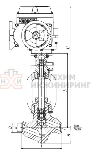 Клапан регулятор температуры прямоточный под приварку с электроприводом (МЭОФ-250/25-0,25У-99К) 22с-40-2-Э Ду 40 Ру 37,7 Т280 °С, корпус ст. 20