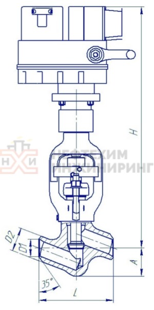 Клапан (вентиль) запорный под приварку с электроприводом (ЭП-З-100-24-А2-05-В-У1) 999-20-ЭН Ду 20 Ру 250 кгс/см²  Т545 °С , корпус ст. 12Х1МФ