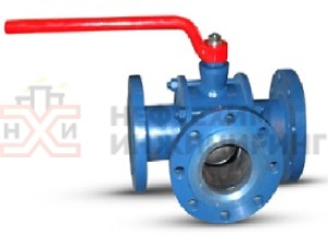 Кран шаровой разборный трехходовой неполнопроходной фланцевый ручной КШ-Р.ТХ.НП.Ф.Р.НХИ.125/100.160.01.У Ду 125/100 Ру 160 кгс/см², корпус ст. 20, класс герметичности «А» по ГОСТ 9544-2015