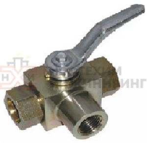 Кран шаровой разборный трехходовой неполнопроходной муфтовый ручной КШ-Р.ТХ.НП.М.Р.НХИ.065/050.100.03.УХЛ1 Ду 65/50 Ру 100 кгс/см², корпус ст. 12Х18Н10Т, класс герметичности «А» по ГОСТ 9544-2015