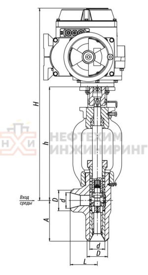Клапан регулятор температуры угловой под приварку с электроприводом (МЭОФ-250/25-0,25У-99К) 24с-65-Э Ду 65 Ру 37,3 Т250 °С, корпус ст. 20