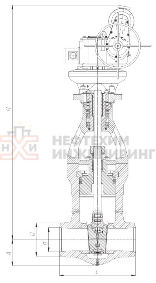Задвижка запорная под приварку с электроприводом (Н-Г-11 У2) 1012-225-ЭМ DN 225 PN 23,5 МПа Т250 °С, корпус ст. 15ГС