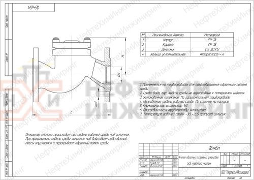 Клапан обратный подъемный фланцевый 16ч6п DN 50 PN 1,6 МПа У3, корпус чугун