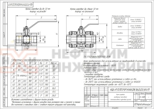 Кран шаровой разборный проходной полнопроходной муфтовый ручной КШ-Р.П.ПП.М.Р.НХИ.040.160.03.УХЛ1 DN 40 PN 16,0 МПа, корпус ст. 12Х18Н10Т, класс герметичности «А» по ГОСТ 9544-2015