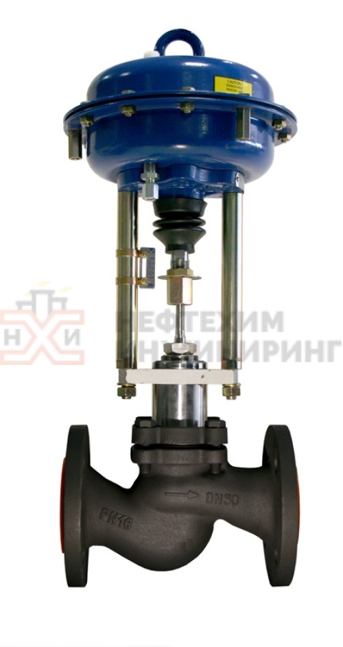 Клапан регулирующий футерованный фланцевый "после себя" нормально открытый 25ч5п DN 100 PN 0,3 МПа У3 с МИМ, корпус чугун