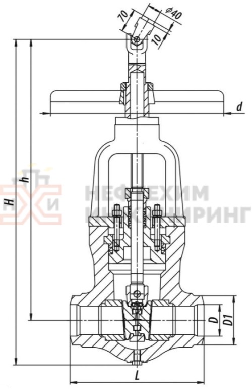 Задвижка запорная под приварку ручная 884-250-Г DN 250 PN 28,4 МПа Т510 °С, корпус ст. 15Х1М1Ф