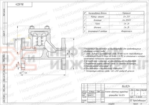 Клапан обратный пружинный фланцевый 16с82п DN 32 PN 4,0 МПа У1, корпус ст. 25Л
