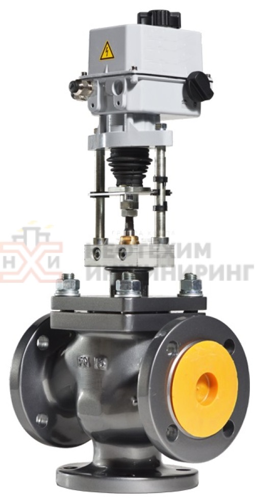 Клапан регулирующий трехходовой фланцевый 27с947нж DN 100 PN 1,6 Мпа У1 с ЭИМ, корпус ст. 25Л