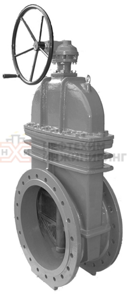 Задвижка с обрезиненным клином литая с невыдвижным шпинделем фланцевая с редуктором 30ч539р DN 1000 PN 1,0 МПа У3, корпус чугун, класс герметичности «А» по ГОСТ 9544-2015