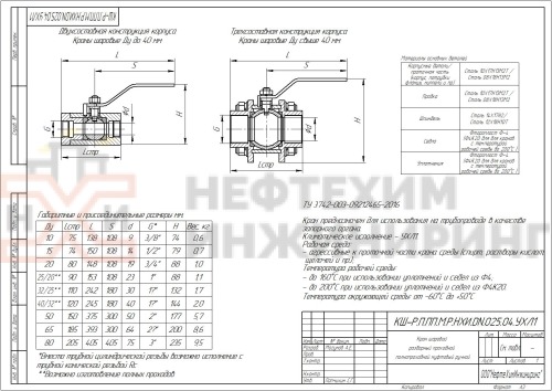Кран шаровой разборный проходной полнопроходной муфтовый ручной КШ-Р.П.ПП.М.Р.НХИ.065.025.04.УХЛ1 DN 65 PN 2,5 МПа, корпус ст. 10Х17Н13М2Т, класс герметичности «А» по ГОСТ 9544-2015
