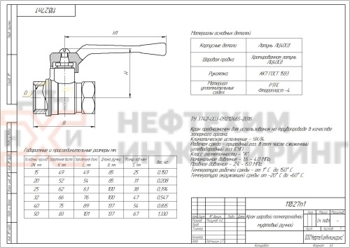 Кран шаровой полнопроходной муфтовый ручной 11б27п1 DN 50 PN 1,6 МПа УХЛ4, корпус латунь, класс герметичности «А» по ГОСТ 9544-2015