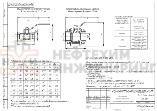 Кран шаровой разборный проходной полнопроходной муфтовый ручной КШ-Р.П.ПП.М.Р.НХИ.010.025.03.УХЛ1 DN 10 PN 2,5 МПа, корпус ст. 12Х18Н10Т, класс герметичности «А» по ГОСТ 9544-2015