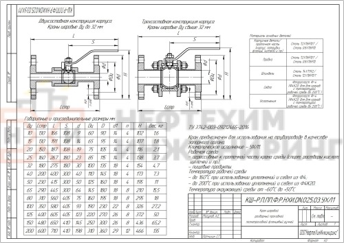 Кран шаровой разборный проходной полнопроходной фланцевый ручной КШ-Р.П.ПП.Ф.Р.НХИ.020.025.03.УХЛ1 DN 20 PN 2,5 МПа, корпус ст. 12Х18Н10Т, класс герметичности «А» по ГОСТ 9544-2015