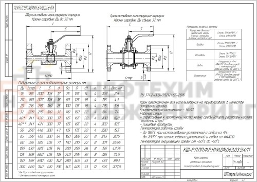 Кран шаровой разборный проходной полнопроходной фланцевый ручной КШ-Р.П.ПП.Ф.Р.НХИ.032.063.03.УХЛ1 DN 32 PN 6,3 МПа, корпус ст. 12Х18Н10Т, класс герметичности «А» по ГОСТ 9544-2015