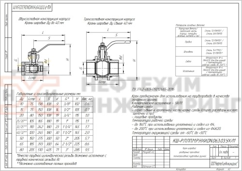Кран шаровой разборный проходной полнопроходной муфтовый ручной КШ-Р.П.ПП.М.Р.НХИ.050.063.03.УХЛ1 DN 50 PN 6,3 МПа, корпус ст. 12Х18Н10Т, класс герметичности «А» по ГОСТ 9544-2015