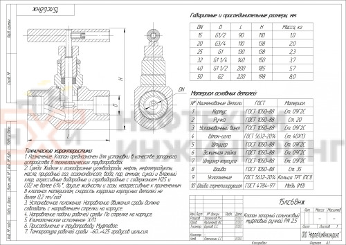 Клапан запорный сальниковый муфтовый ручной 15лс68нж DN 20 PN 2,5 МПа ХЛ1, корпус ст. 09Г2С, класс герметичности «А» по ГОСТ 9544-2015