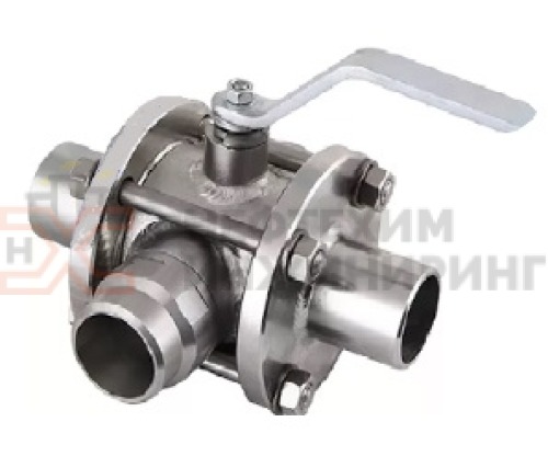 Кран шаровой разборный трехходовой неполнопроходной под приварку ручной КШ-Р.ТХ.НП.П.Р.НХИ.065/050.025.04.УХЛ1 DN 65/50 PN 2,5 МПа, корпус ст. 10Х17Н13М2Т, класс герметичности «А» по ГОСТ 9544-2015