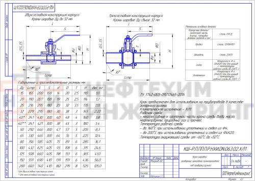 Кран шаровой разборный проходной полнопроходной под приварку ручной КШ-Р.П.ПП.П.Р.НХИ.050.063.02.ХЛ1 DN 50 PN 6,3 МПа, корпус ст. 09Г2С, класс герметичности «А» по ГОСТ 9544-2015