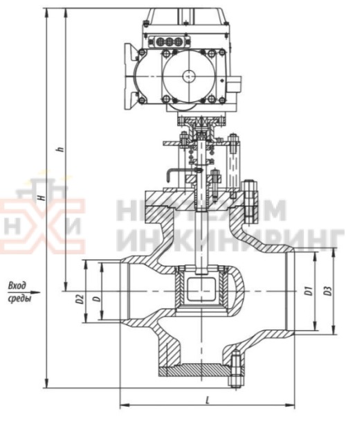 Клапан регулирующий под приварку с электроприводом (МЭОФ-250/25-0,25У-99К) 6с-12-4Э DN 300 PN 6,3 МПа Т425 °С, корпус ст. 25Л