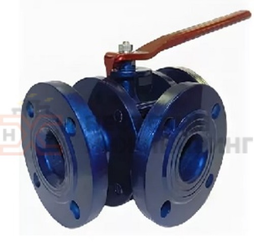 Кран шаровой разборный трехходовой полнопроходной фланцевый ручной КШ-Р.ТХ.ПП.Ф.Р.НХИ.032.016.02.ХЛ1 DN 32 PN 1,6 МПа, корпус ст. 09Г2С, класс герметичности «А» по ГОСТ 9544-2015