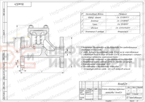 Клапан обратный пружинный фланцевый 16нж82п DN 125 PN 4,0 МПа УХЛ1, корпус ст. 12Х18Н9ТЛ