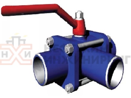 Кран шаровой разборный трехходовой неполнопроходной под приварку ручной КШ-Р.ТХ.НП.П.Р.НХИ.100/080.025.02.ХЛ1 DN 100/80 PN 2,5 МПа, корпус ст. 09Г2С, класс герметичности «А» по ГОСТ 9544-2015