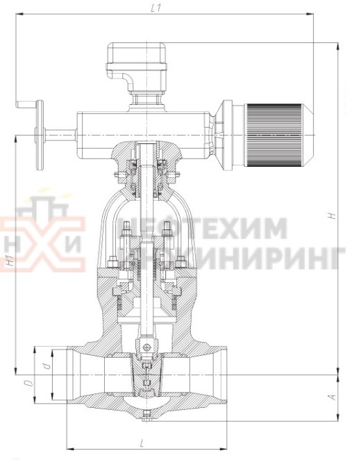 Клапан регулирующий под приварку с электроприводом (876-ЭР-0-V) 993-250-ЭБ-01 DN 250 PN 28,4 МПа Т510 °С, корпус ст. 15Х1М1ФЛ