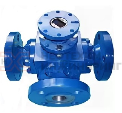 Кран шаровой разборный трехходовой полнопроходной фланцевый с редуктором КШ-Р.ТХ.ПП.Ф.РД.НХИ.200.025.02.ХЛ1 DN 200 PN 2,5 МПа, корпус ст. 09Г2С, класс герметичности «А» по ГОСТ 9544-2015