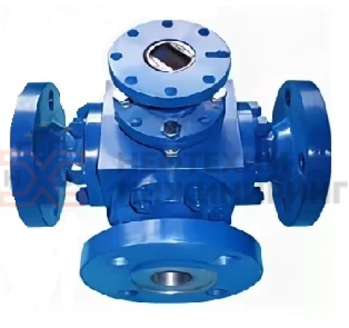 Кран шаровой разборный трехходовой полнопроходной фланцевый с редуктором КШ-Р.ТХ.ПП.Ф.РД.НХИ.150.040.02.ХЛ1 DN 150 PN 4,0 МПа, корпус ст. 09Г2С, класс герметичности «А» по ГОСТ 9544-2015