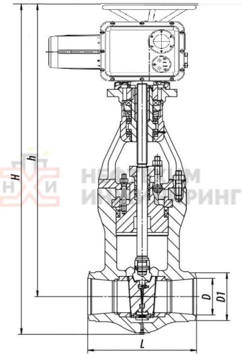 Задвижка запорная под приварку с электроприводом (ГЗ-Г.2500/24 У1) 885-225-ЭГ DN 225 PN 9,8 МПа Т540 °С, корпус ст. 15Х1М1Ф