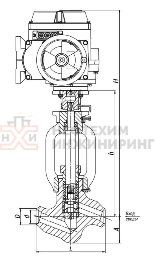 Клапан регулятор температуры прямоточный под приварку с электроприводом (МЭОФ-250/25-0,25У-99К) 22с-20-2-Э DN 20 PN 37,3 Т280 °С, корпус ст. 20