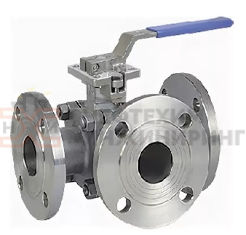 Кран шаровой разборный трехходовой полнопроходной фланцевый ручной КШ-Р.ТХ.ПП.Ф.Р.НХИ.015.063.03.УХЛ1 DN 15 PN 6,3 МПа, корпус ст. 12Х18Н10Т, класс герметичности «А» по ГОСТ 9544-2015