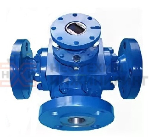 Кран шаровой разборный трехходовой полнопроходной фланцевый с редуктором КШ-Р.ТХ.ПП.Ф.РД.НХИ.200.063.02.ХЛ1 DN 200 PN 6,3 МПа, корпус ст. 09Г2С, класс герметичности «А» по ГОСТ 9544-2015