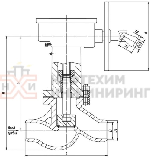 Клапан (вентиль) запорный под приварку с коническим редуктором 1с-9-2 DN 80 PN 10,0 МПа Т450 °С, корпус ст. 25Л
