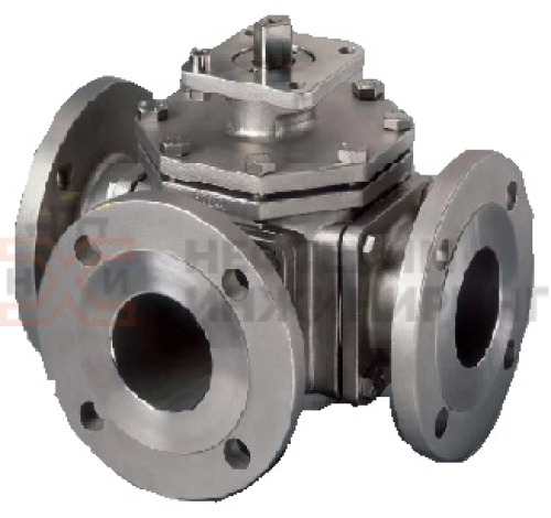 Кран шаровой разборный трехходовой полнопроходной фланцевый с редуктором КШ-Р.ТХ.ПП.Ф.РД.НХИ.200.063.03.УХЛ1 DN 200 PN 6,3 МПа, корпус ст. 12Х18Н10Т, класс герметичности «А» по ГОСТ 9544-2015