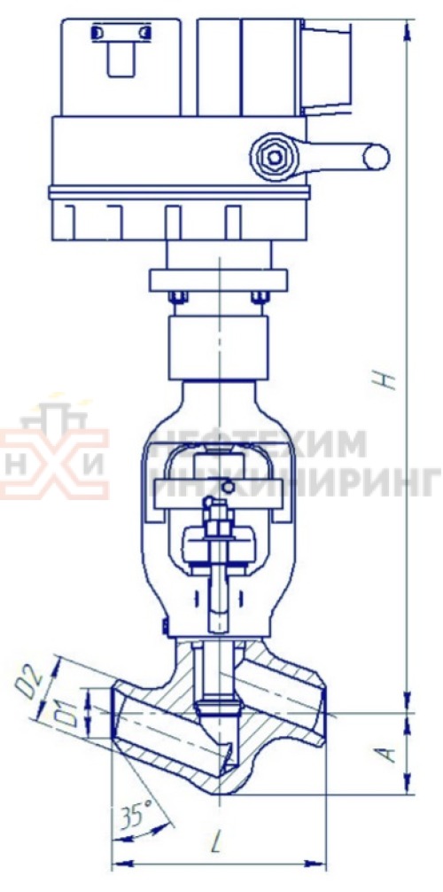 Клапан (вентиль) запорный под приварку с электроприводом (ЭП-З-100-24-А2-05-В) 1с-11-3ЭН DN 20 PN 10,0 МПа Т450 °С, корпус ст. 20