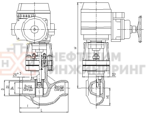 Клапан регулирующий под приварку с электроприводом (МЭОФ-250/25-0,25У-99К) Т-34бэ DN 80 PN 10,0 МПа Т300 °С, корпус ст. 25Л
