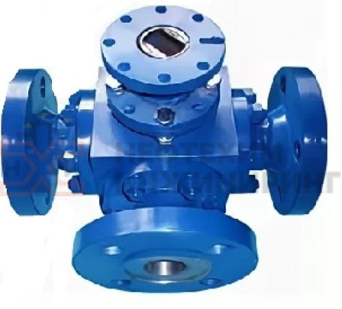 Кран шаровой разборный трехходовой полнопроходной фланцевый с редуктором КШ-Р.ТХ.ПП.Ф.РД.НХИ.150.100.02.ХЛ1 DN 150 PN 10,0 МПа, корпус ст. 09Г2С, класс герметичности «А» по ГОСТ 9544-2015