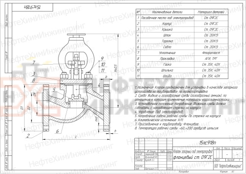 Клапан запорный сальниковый фланцевый под электропривод 15лс918п DN 80 PN 2,5 МПа ХЛ1, корпус ст. 09Г2С, класс герметичности «А» по ГОСТ 9544-2015