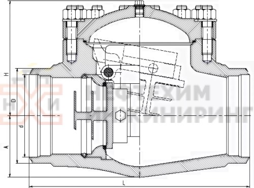Клапан обратный под приварку 1516-80-0А DN 80 PN 10,0 МПа Т450 °С, корпус ст. 15ГС
