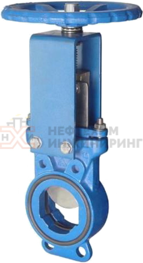 Задвижка шиберная ножевая с невыдвижным шпинделем межфланцевая ручная ЗШ-ДСГ.МФ.ДС.ШН.НХИ.080.010.01.02.У3 DN 80 PN 1,0 МПа, корпус чугун, нож - ст. 08Х18Н10, уплотнение - NBR,  класс герметичности «А» по ГОСТ 9544-2015